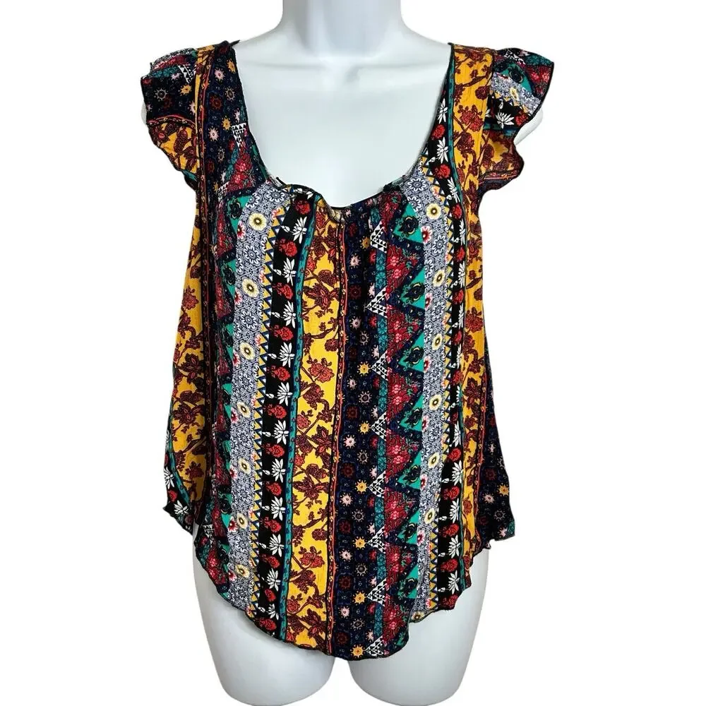 Belle Du Jour Boho Blouse Sz Small Scoop Neck Loose Multi Print Artisan Top - Picture 5 of 7